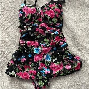 shore shapes one piece swimsuit floral, black, pink, green, and blue